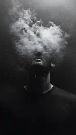 Monochrome particulate portrait with vaporized cranial silhouette.