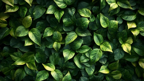 Dense green foliage wall with overlapping glossy leaves.