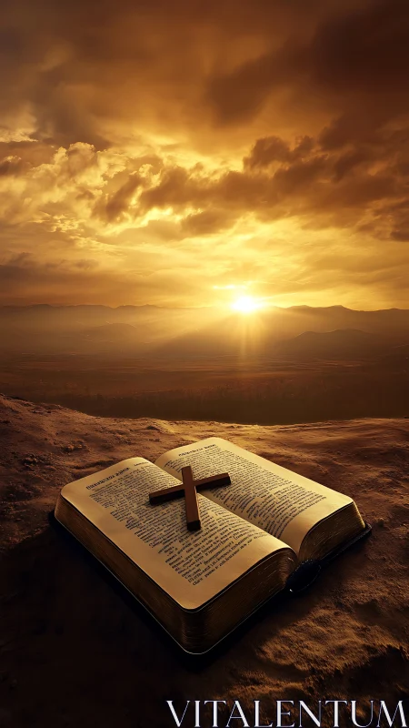 Open Bible with wooden cross under low sunset sky on ground.