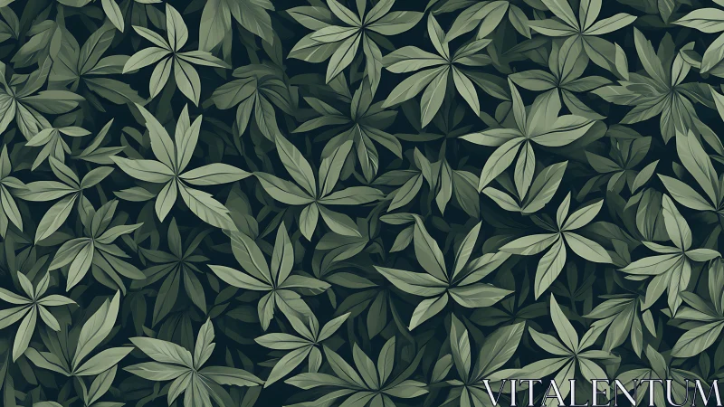 Layered tropical foliage pattern in muted green tones.