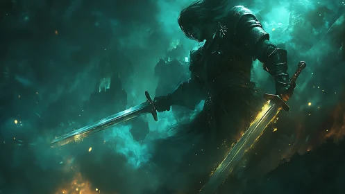 Warrior silhouette with twin swords in teal inferno glow.