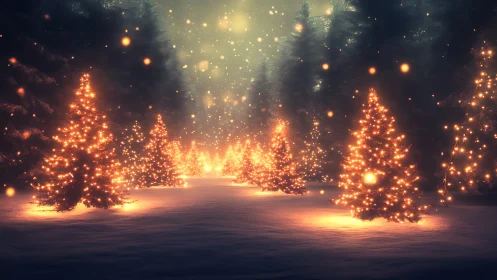 Illuminated fir corridor renders a nocturnal winter luminescence