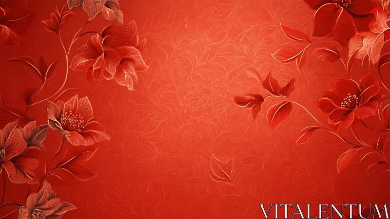 Red floral background with layered botanical elements and ornamental patterns