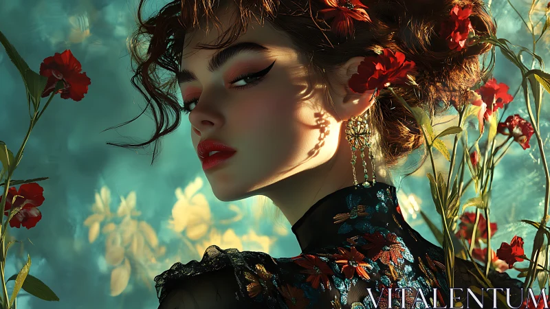 Floral-lit portrait of woman in embroidered silk dress.