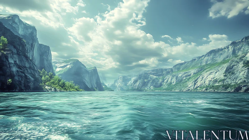 Emerald fjord waters under dramatic cloud-laden sky.