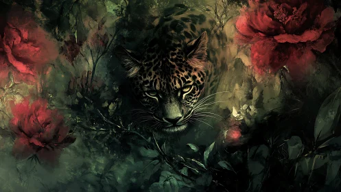 Velvet Beast Amid Crimson Blooms: A Predator's Floral Dance