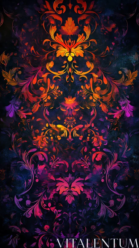 Midnight garden of glowing floral swirls and firelight hues.