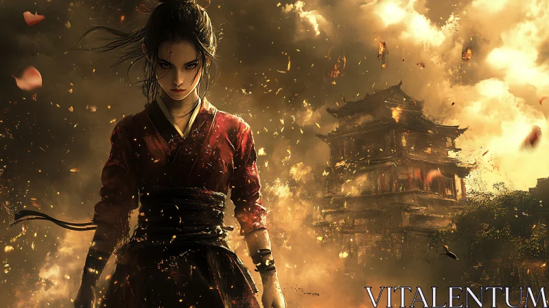 Warrior in red kimono advances before burning feudal fortress