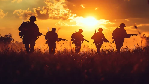 Silhouetted infantry patrol crossing dusk battlefield horizon.