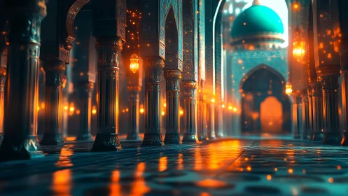 Volumetric-lit mosque arcade with glowing particles and dome