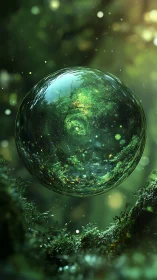 Enchanted forest orb hovers amid glowing emerald light.