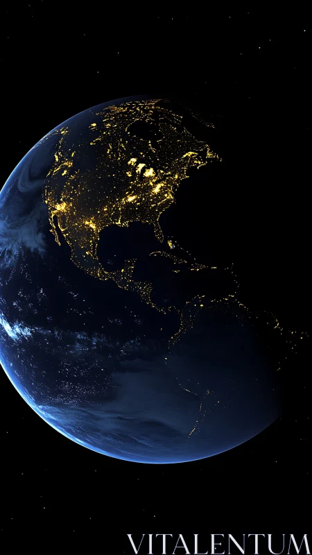 Photorealistic Earth nightscape with illuminated continents edge.