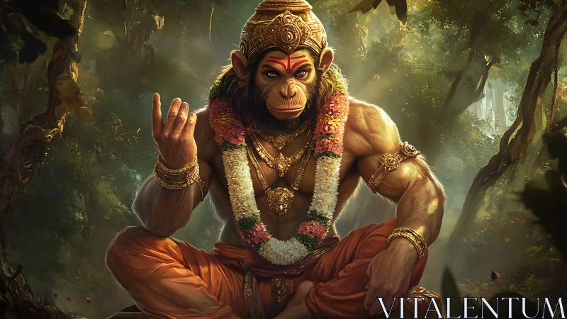 Anthropomorphic monkey figure sits adorned with ornaments