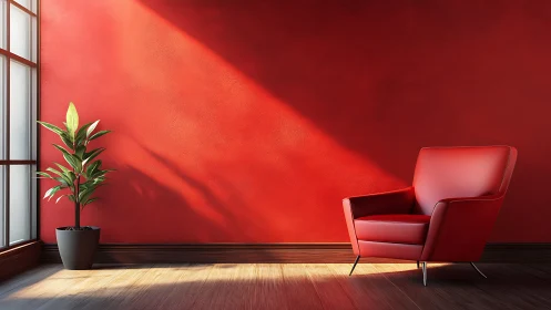 Red armchair and potted plant are placed by a sunlit wall