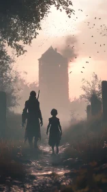 Silhouetted wanderers walk misty path toward ruined tower