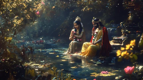 Gentle riverbank moment with two serene divine figures.