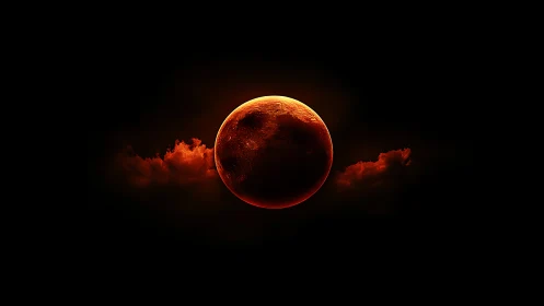 Fiery blood moon glows amid dark cosmic clouds at night.