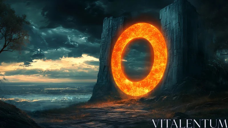 Luminous molten portal embedded in monolithic cliff gate at dusk