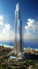 Futuristic coastal skyscraper with tiered luxury podium complex.