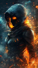 Incandescent hooded combatant in thermally reactive exosuit.