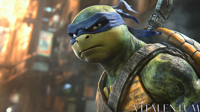 Armored humanoid turtle warrior stands alert in neon city