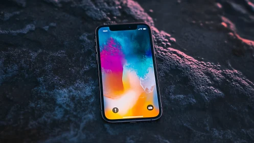 Smartphone displaying abstract liquid gradient wallpaper on rocky terrain