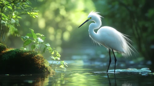 Graceful white egret pauses in a soft green forest stream