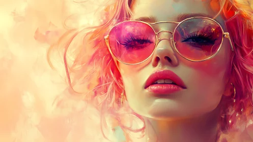 Digital painting portrait with neon sunglasses and soft bokeh haze.