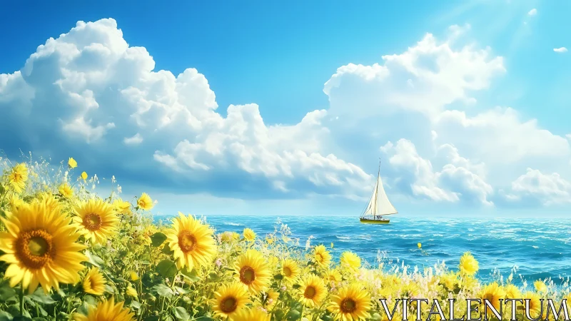 Sunlit sunflower coast with sailboat on luminous sea.