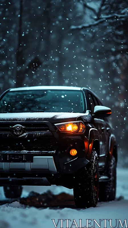 Snow-dusted black SUV with glowing headlights at dusk.