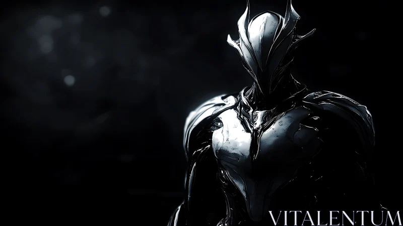 Specular chrome warframe in low key cinematic isolation.
