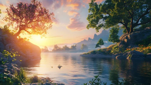 Sunlit blossom tree overlooks tranquil mountain lake.