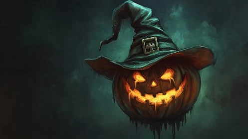 Luminous jack o lantern with witch hat in spectral mist.