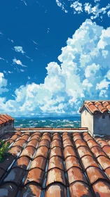 Sunlit terracotta rooftops dreaming under towering summer clouds.