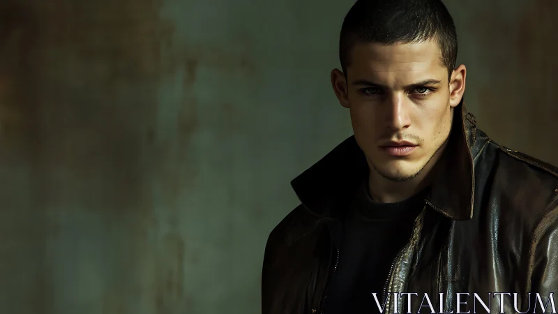 Young male subject in leather jacket against muted backdrop.