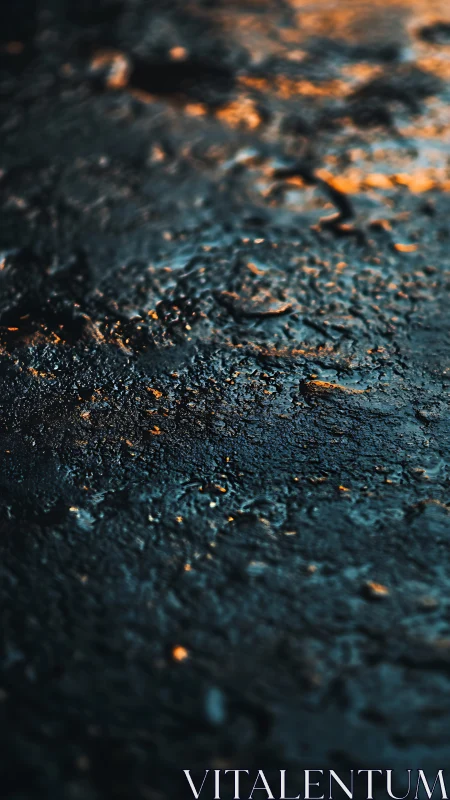 Textured wet asphalt under moody teal and amber light.