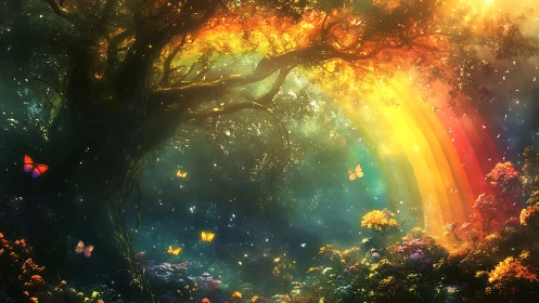 Enchanted forest glows under rainbow light and drifting butterflies
