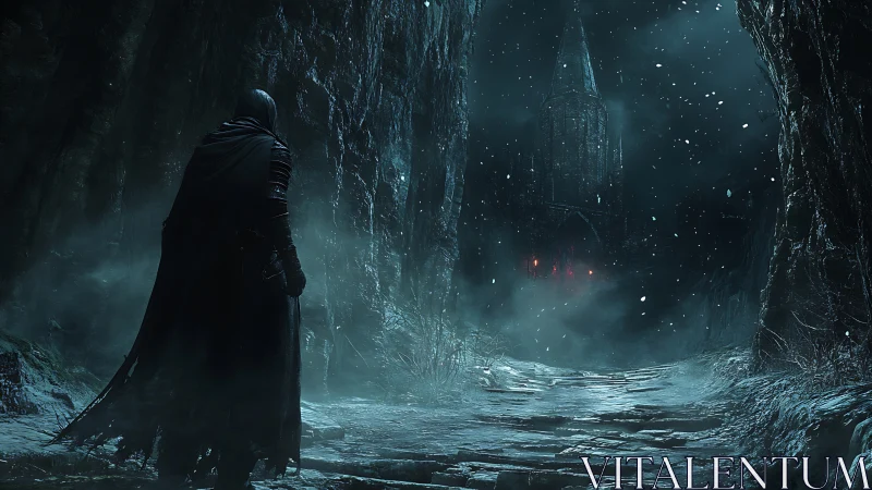 Cloaked wanderer approaches cursed cathedral through snow