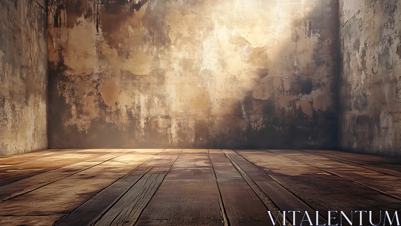 Sunlit distressed room shows textured walls and wood floor