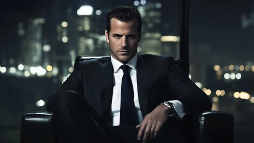 Confident businessman dominates a sleek office skyline night