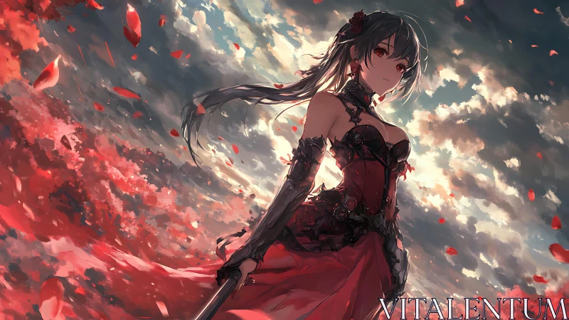 Female swordswoman in red dress amid drifting petals.