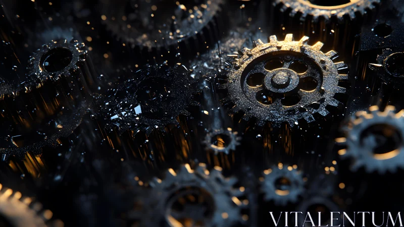 Close-Up of Metallic Gears in Motion, Dark Industrial Art Style.