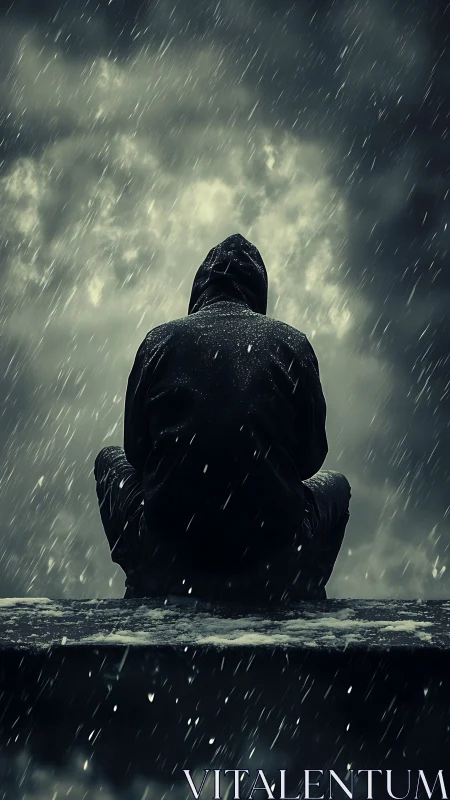 Solitary figure in a hooded coat quietly facing the storm