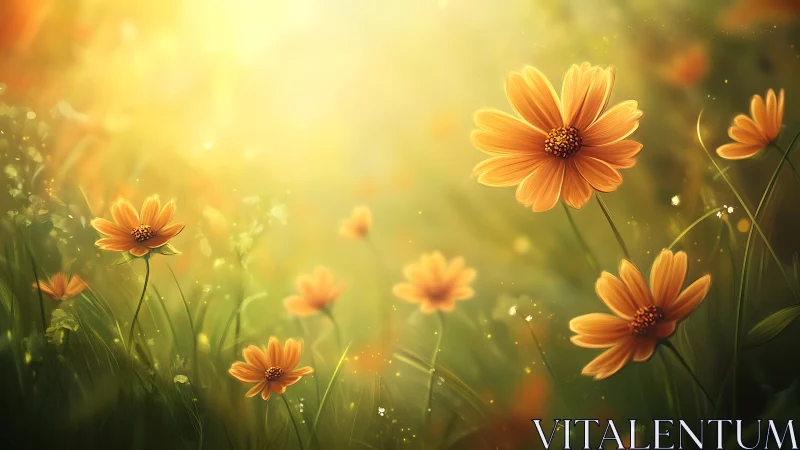 Warm-Toned Daisy Flowers Rendered in Digital Painting With Golden Hour Bokeh Effects