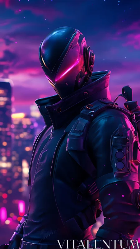 Neon armored vigilante stands ready above the glowing city