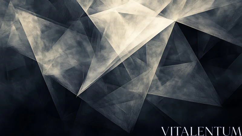 Abstract geometric pattern with layered triangles in grayscale tones.