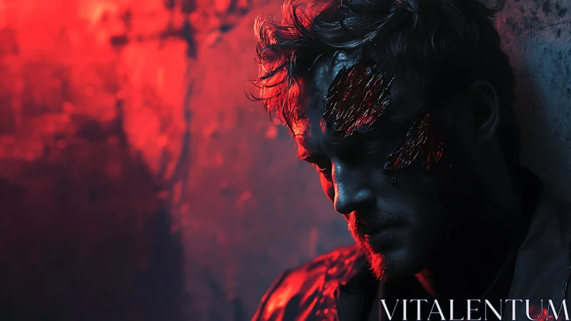 Moody red-blue portrait with bloodied facial lacerations, high contrast