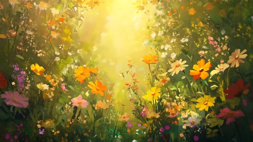 Sunlit wildflower meadow glows in a dreamy golden haze