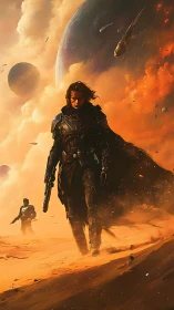 Starlit desert warrior strides beneath colliding orange skies.