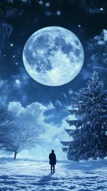 Solitary figure watches an enormous winter moon in silence